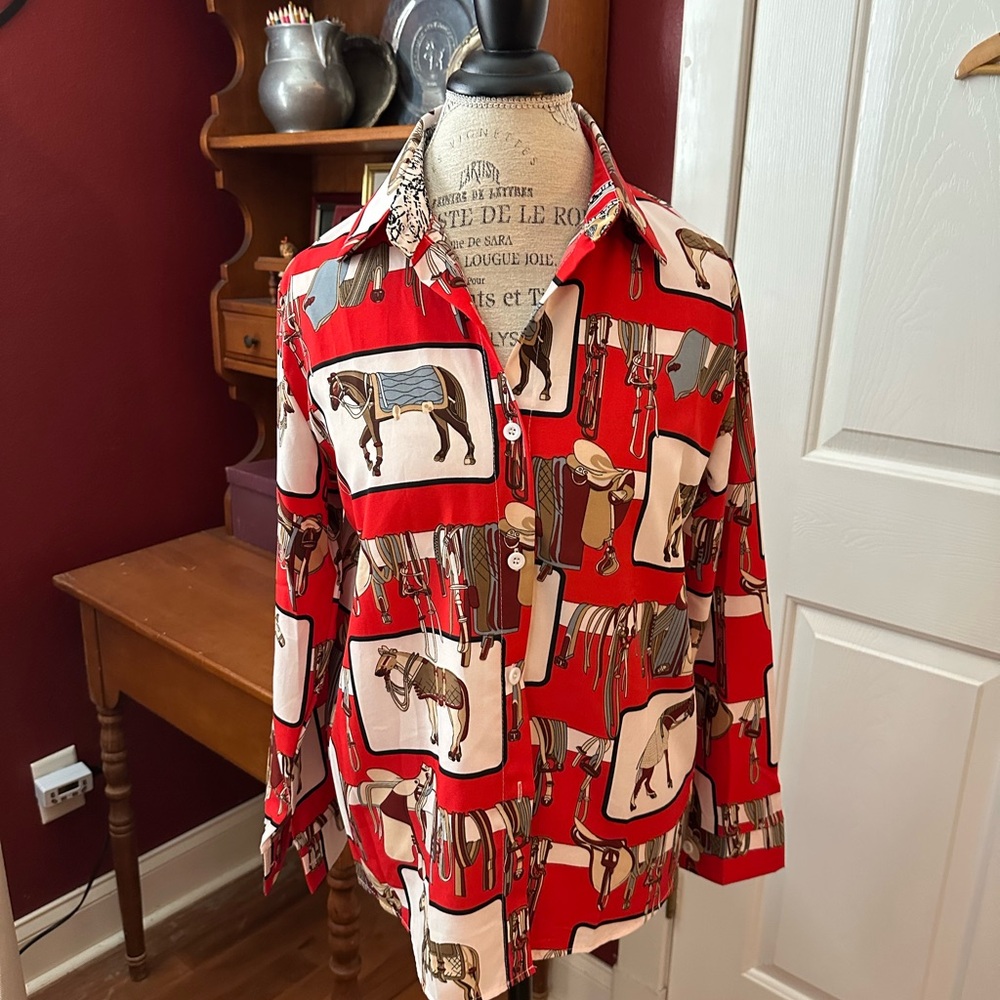 Equestrian Print Red Button Down Shirt